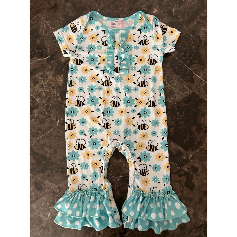 Pete & Lucy Baby 9-12 Months Summer Spring Romper Outfit Flowers & Bees Ruffles